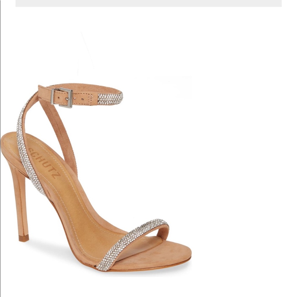Schutz ankle strap stiletto Mulan honey beige suede/cristal size 7.5